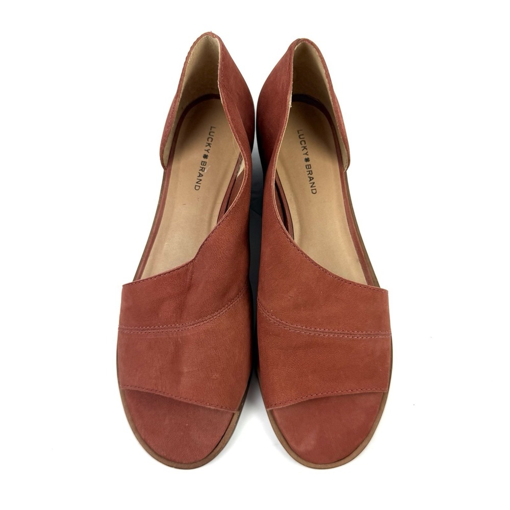 Lucky Brand Serkie Sandals 8.5 Rust Nubuck Leather Cutout Slip On Shoes Womens